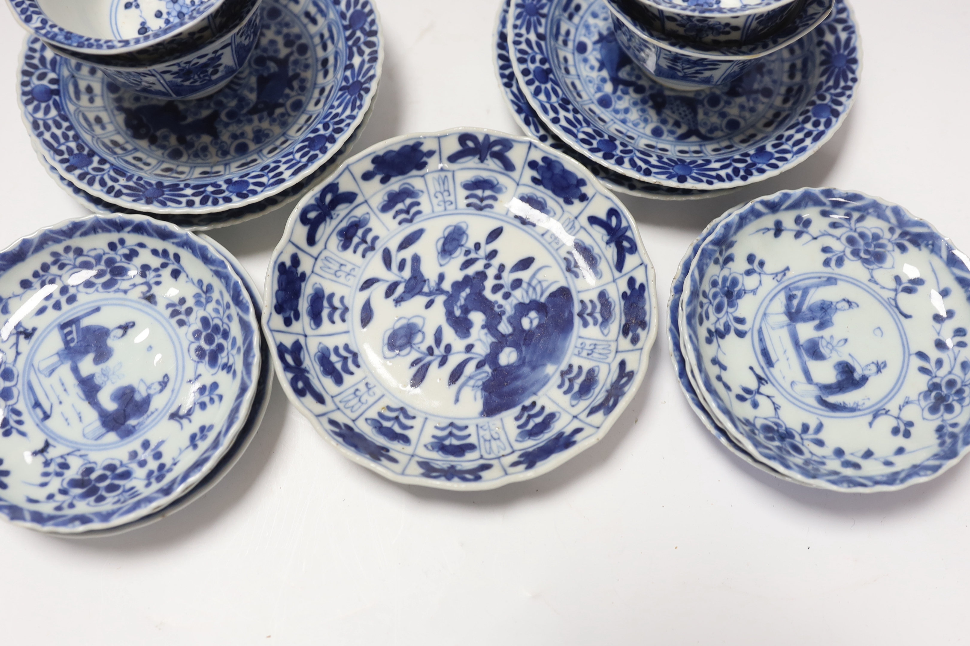 Two pairs of 19th century Chinese blue and white teabowls and saucers, a set of six other blue and white saucers, another and a teabowl, all 19th century (17)